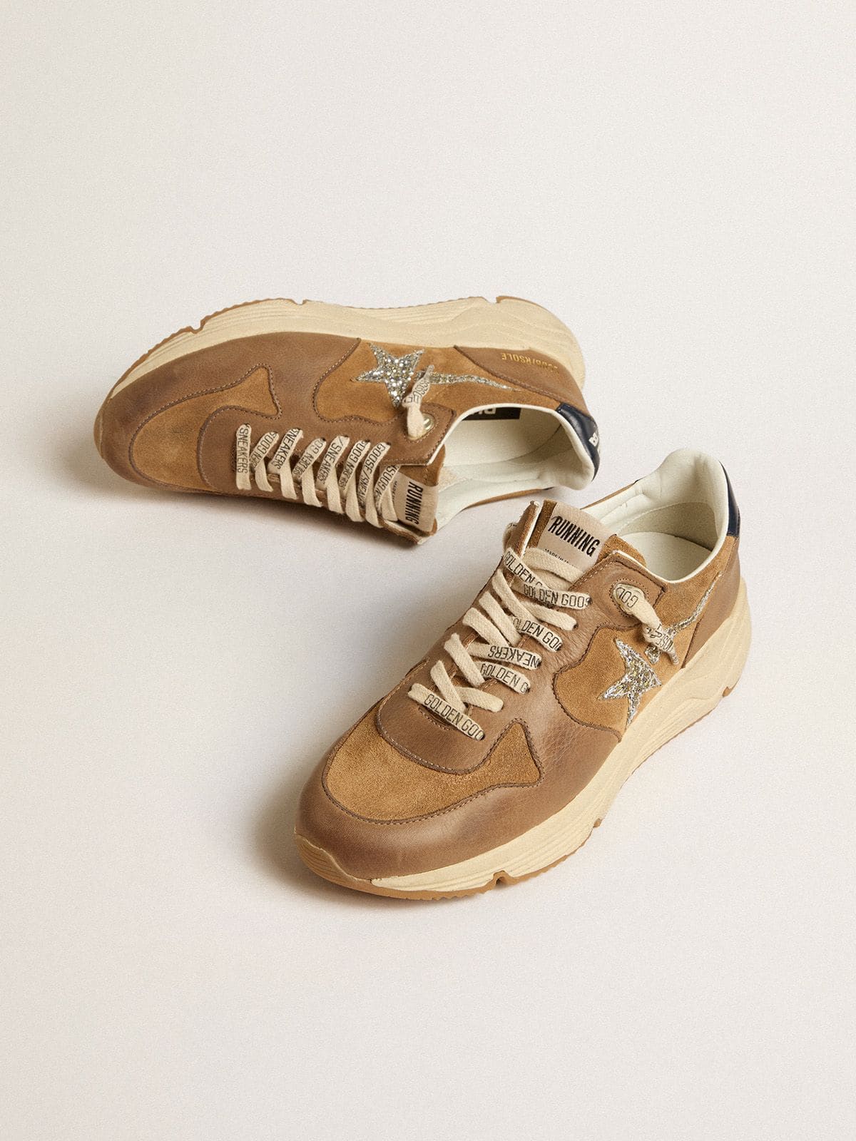Women’s Running Sole in tobacco-colored nappa leather and suede with silver glitter star