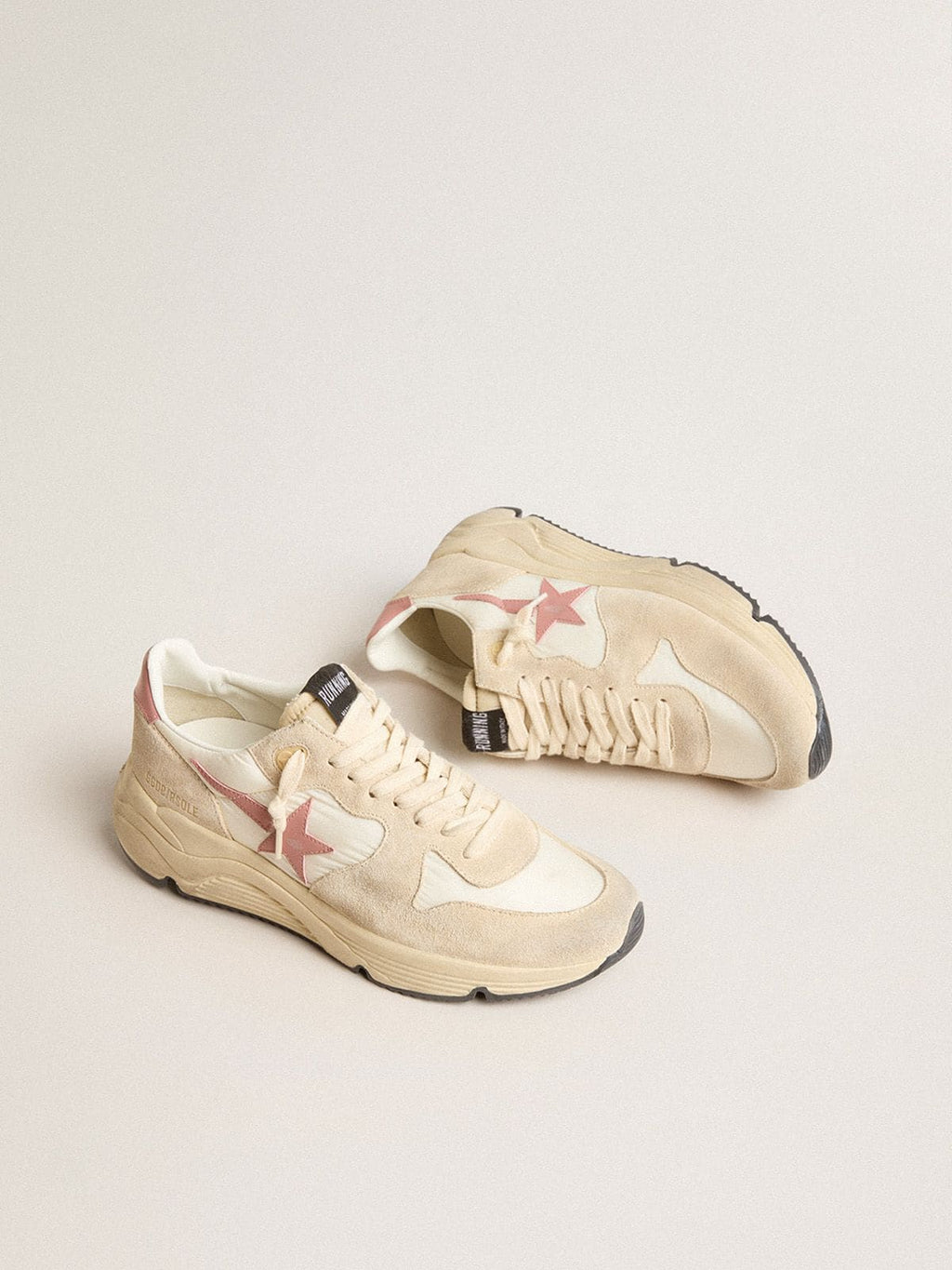Women’s Running Sole in beige nylon with pink leather star and heel tab