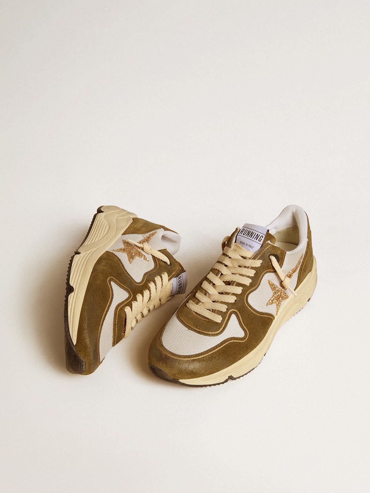 Women’s Running Sole in brown suede and mesh with gold glitter star