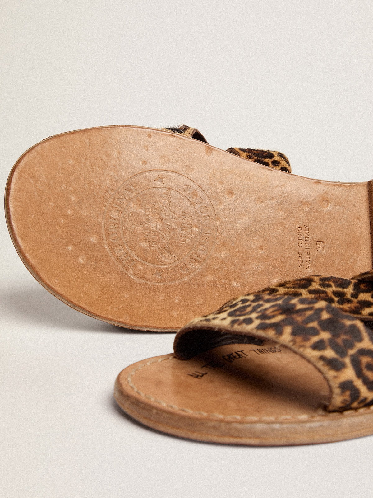 Women's Margaret flat sandals in leopard-print pony skin