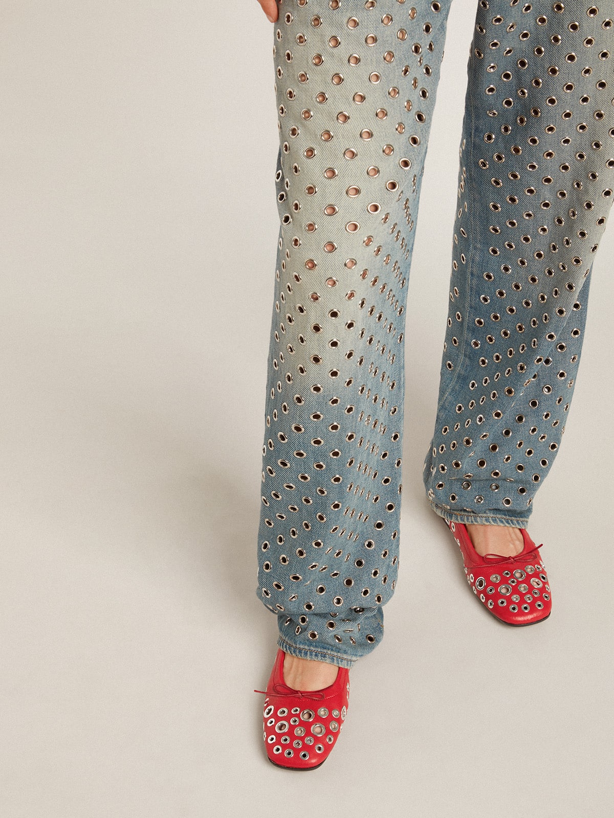Amy ballet flats in red nappa leather with silver colored studs