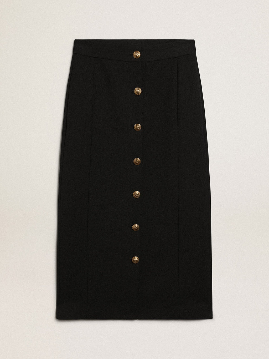 Women's pencil skirt in dark blue wool with gold heraldic buttons