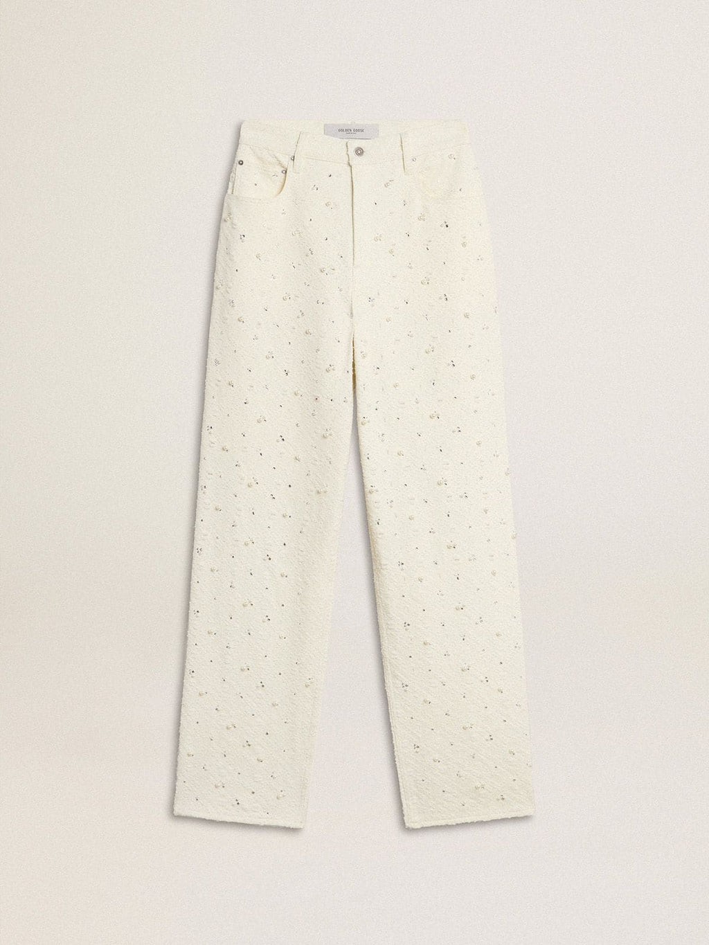 Women's white denim pants with beading and crystals