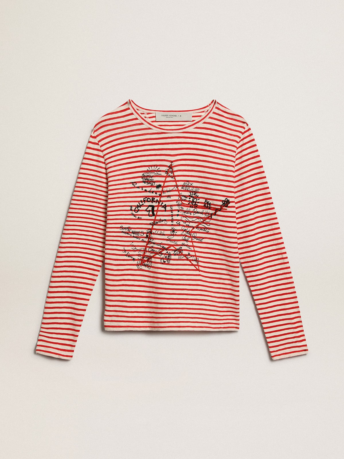 Women's T-shirt with white and red stripes and embroidery on the front