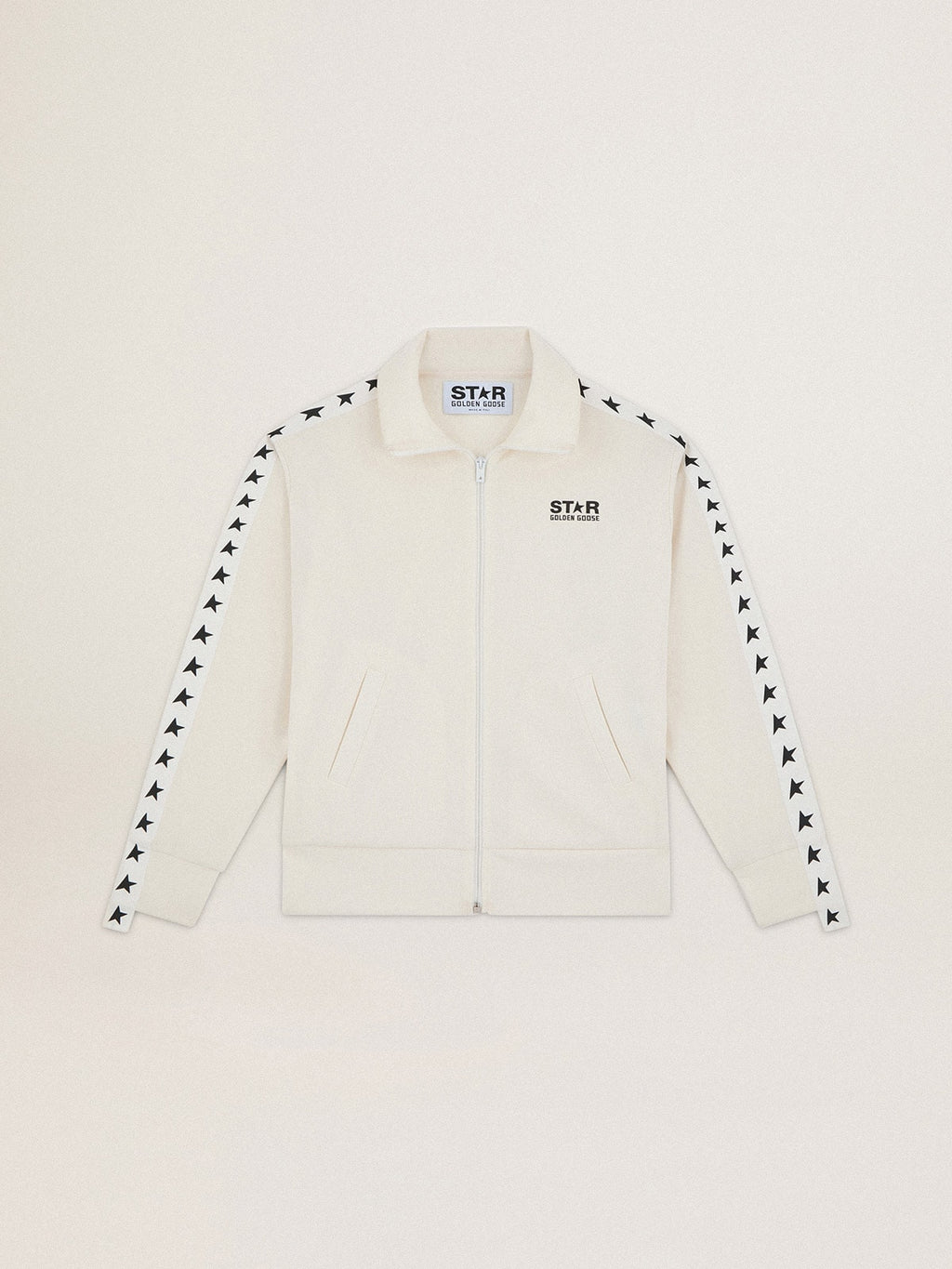 Women’s white zipped sweatshirt with white strip and black stars