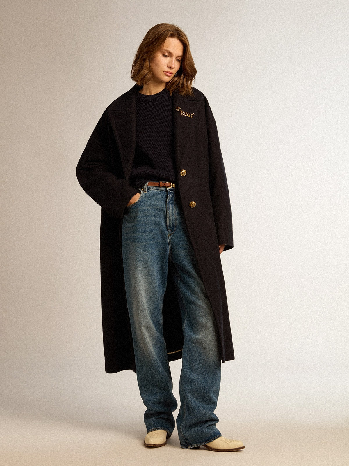 Women’s round-neck sweater in dark blue cotton with logo on the back
