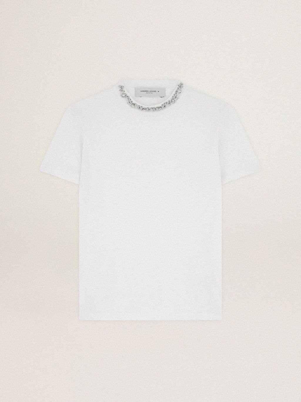 Women's white T-shirt with cabochon crystals