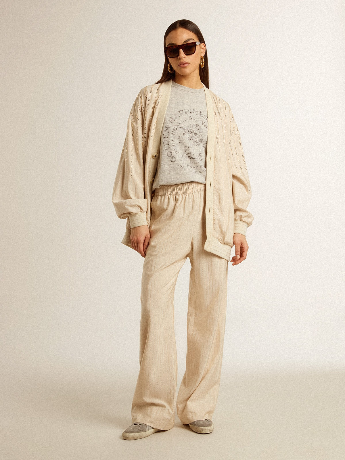 Women's silk and viscose cardigan with pinstripe motif