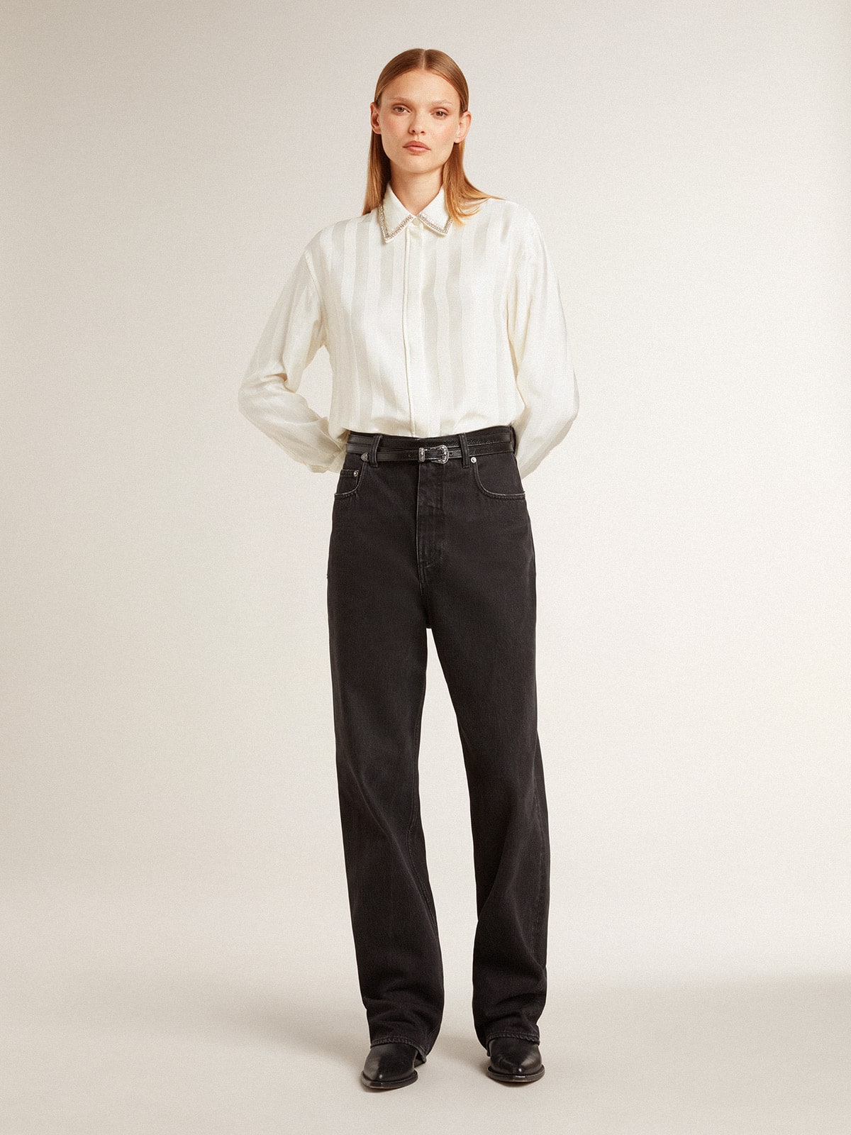 Women's shirt with a vertical striped pattern and crystal embroidery