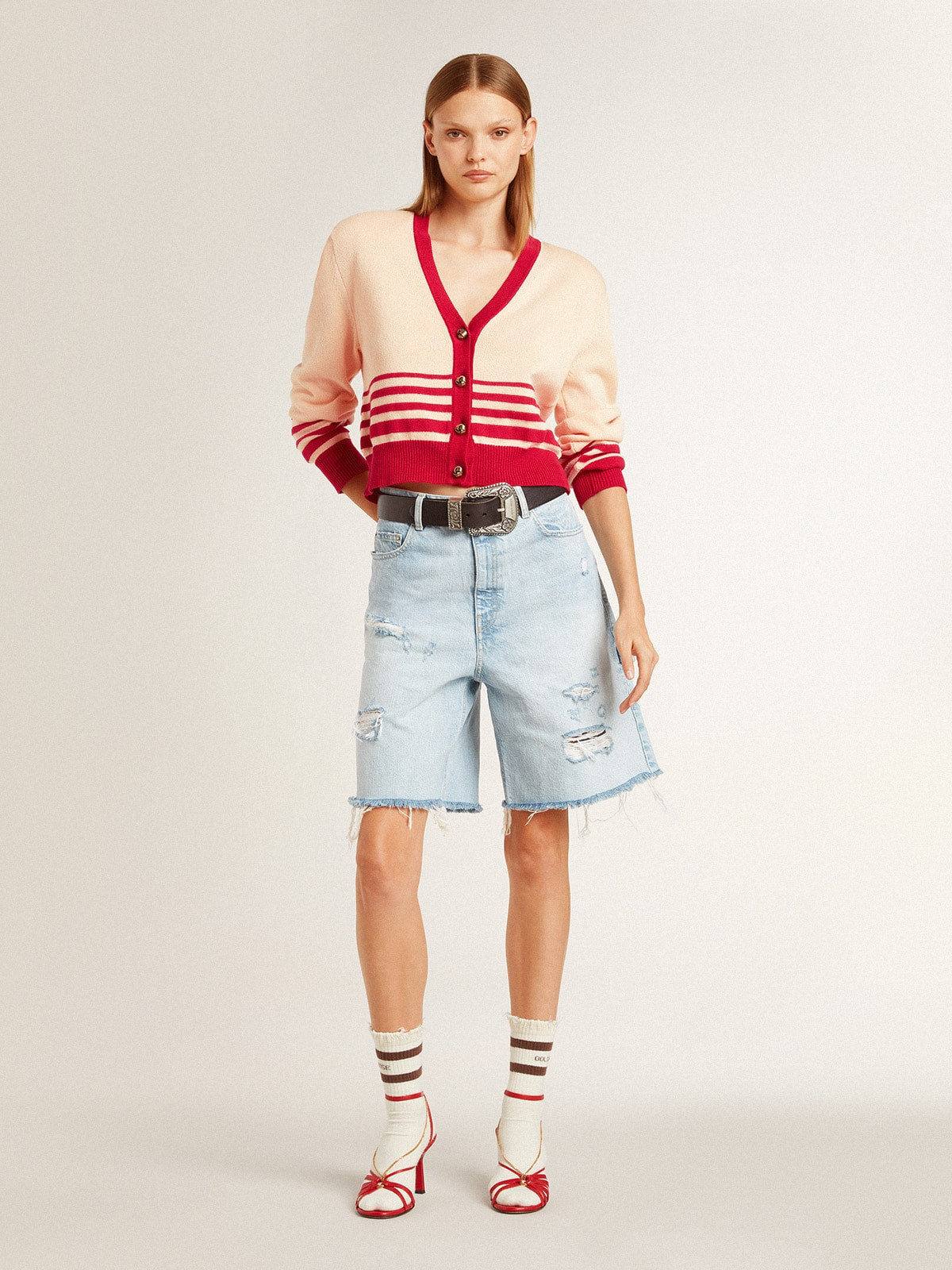Women's cardigan in cream with red stripes