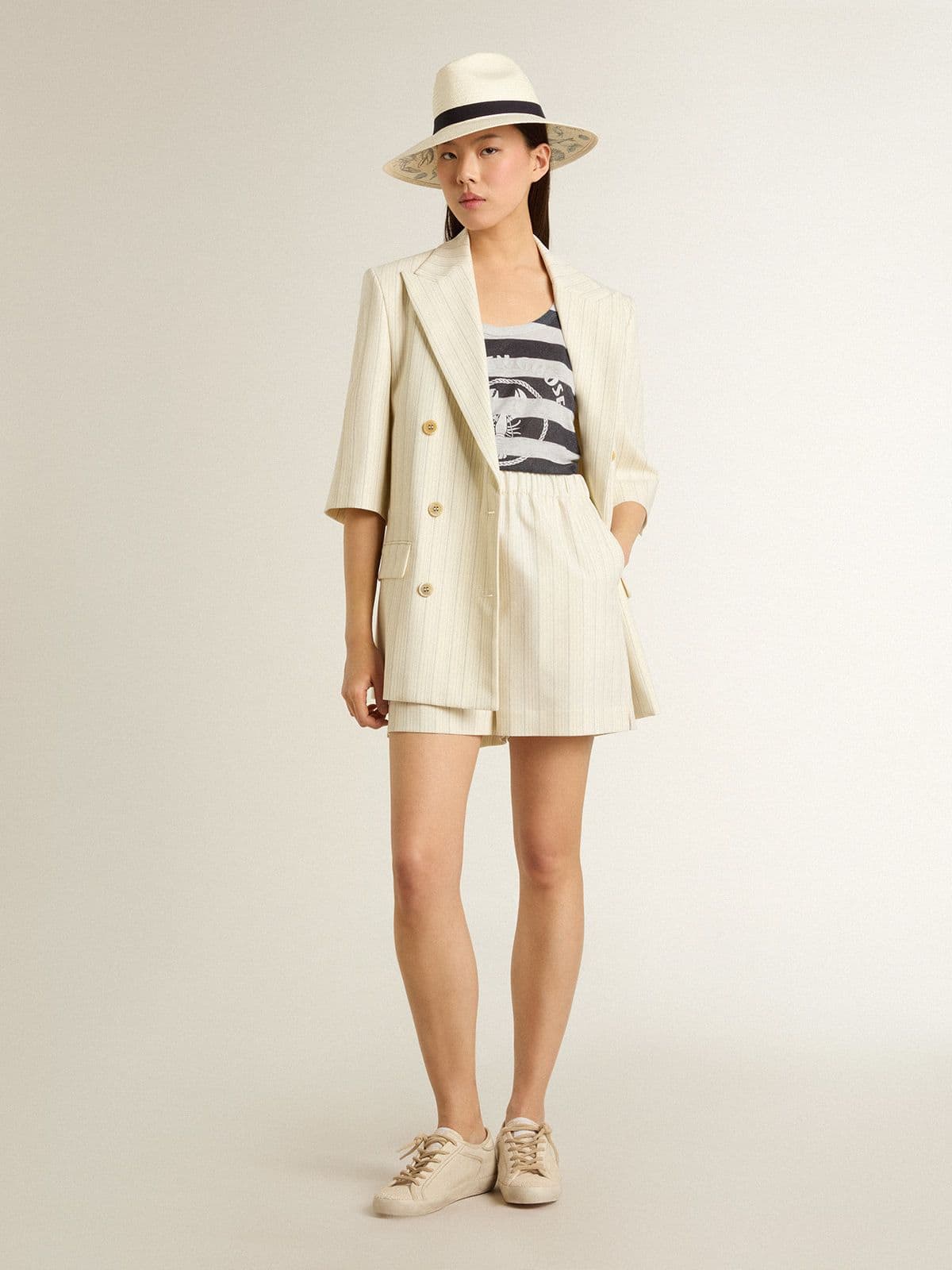 Women's white and gray pinstripe wool blend shorts