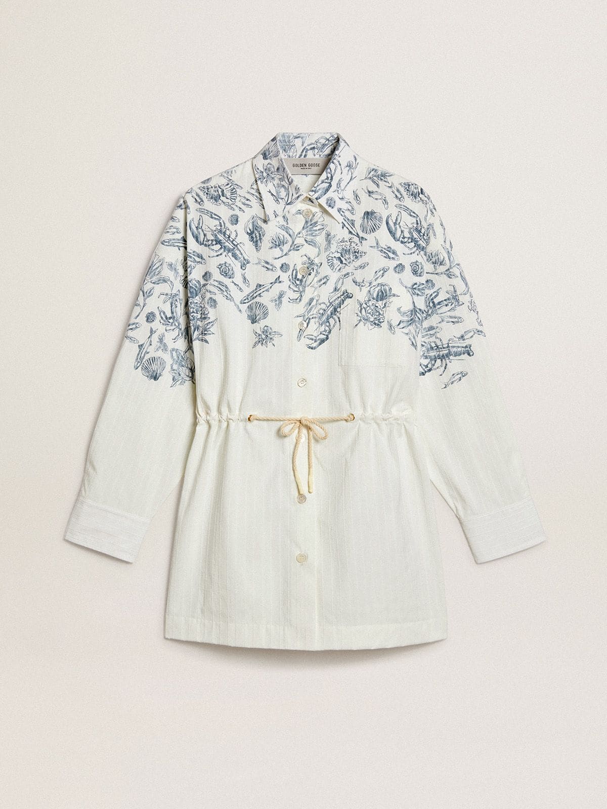 Women's short shirt dress in white striped cotton with a blue marine print