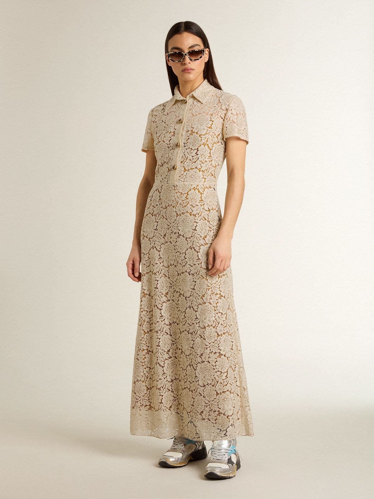 Women's midi dress in cream-colored see-through lace