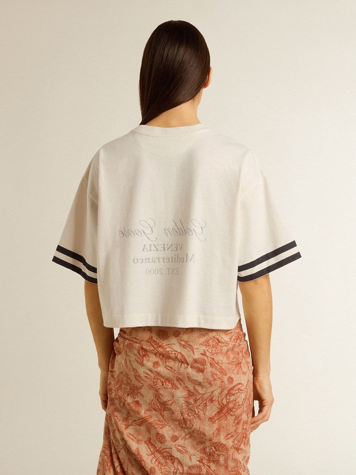 Women's oversized short T-shirt in white jersey with embroidery and "Venezia Mediterraneo" print