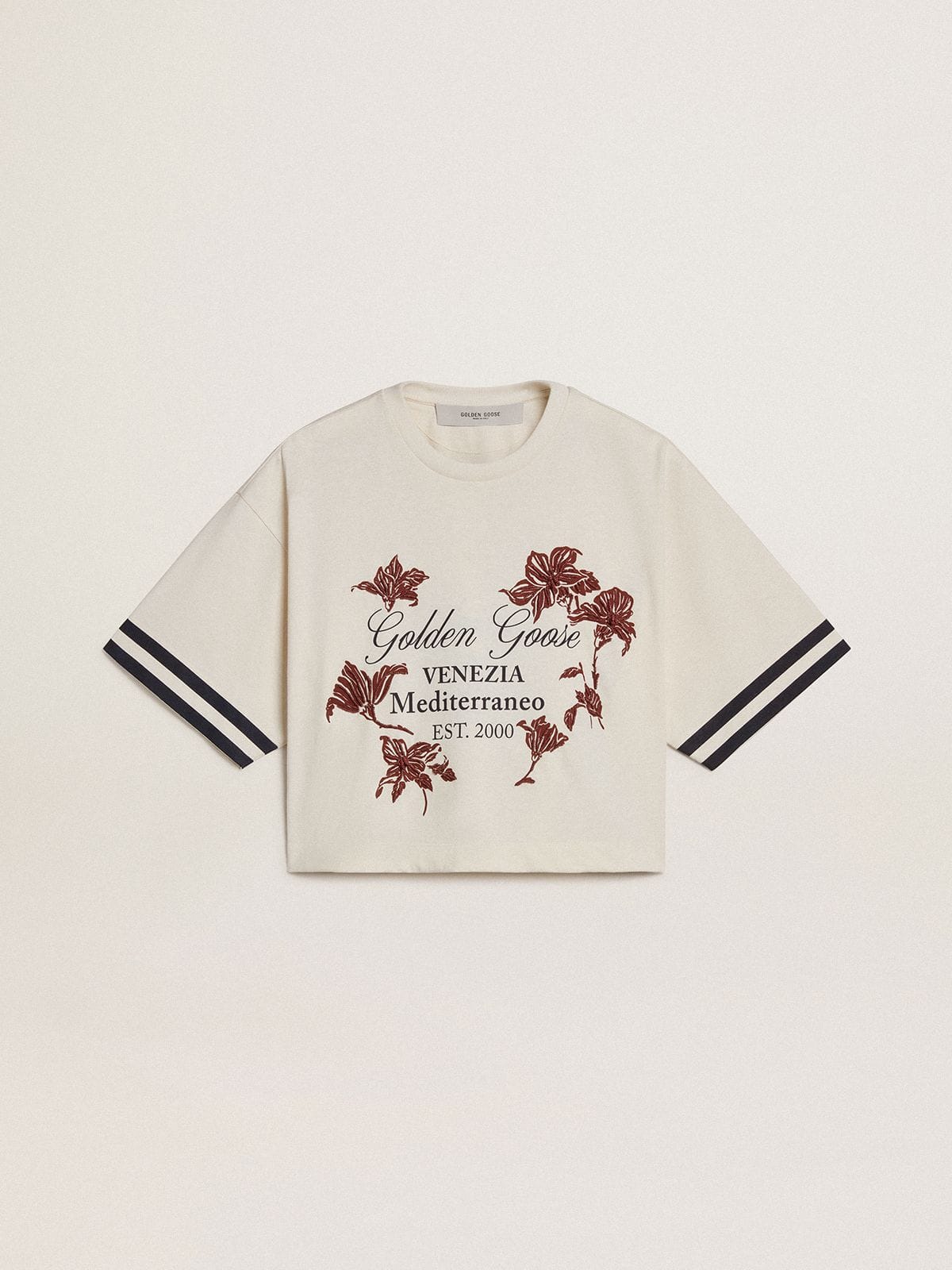 Women's oversized short T-shirt in white jersey with embroidery and "Venezia Mediterraneo" print