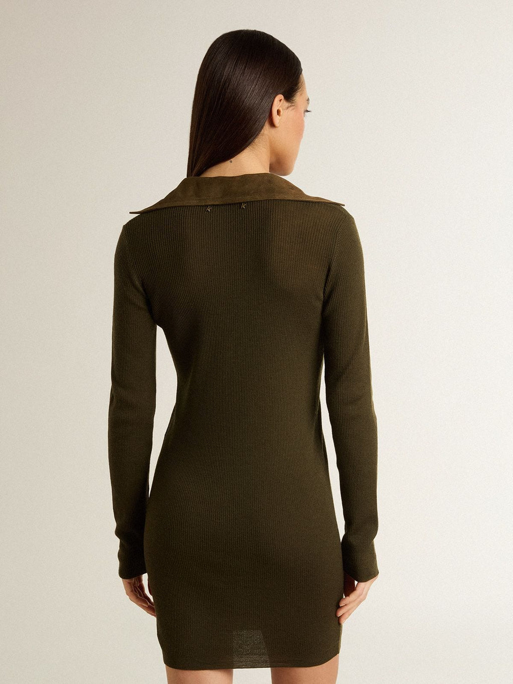Military green wool mini dress with leather details
