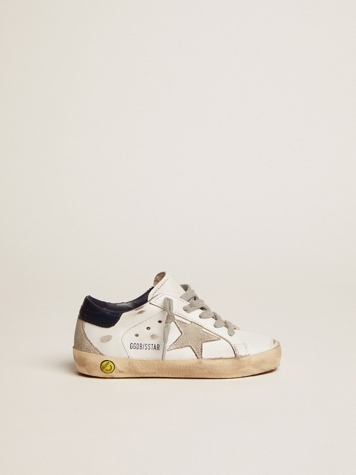 Young Super-Star with ice-gray suede star and navy-blue leather heel tab