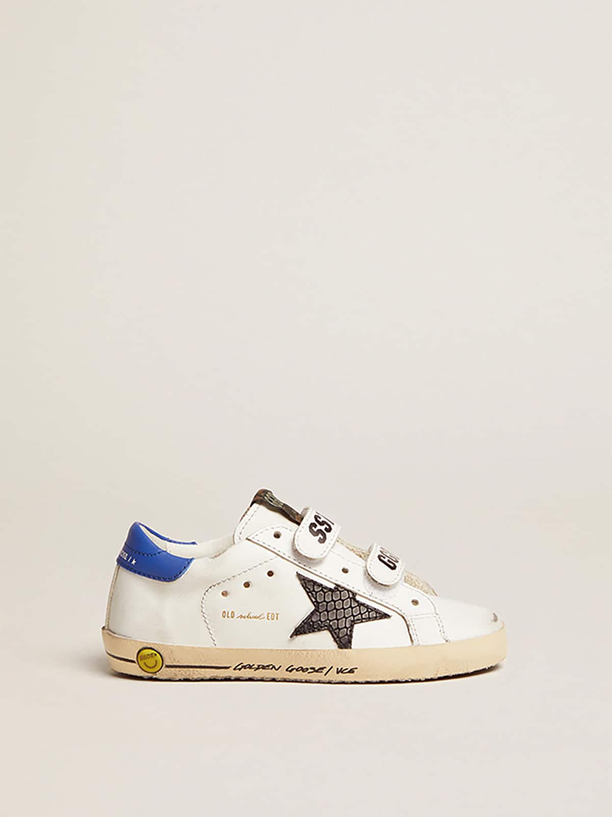 Young Old School with black snake print leather star and blue heel