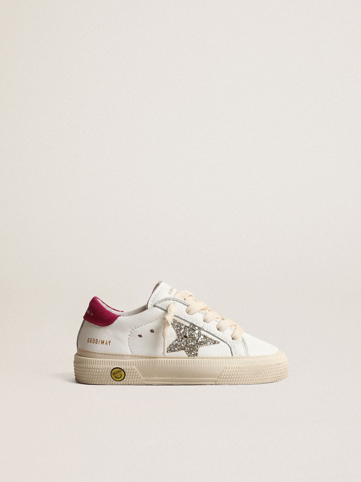 May Young in nappa leather with platinum glitter star and magenta heel tab