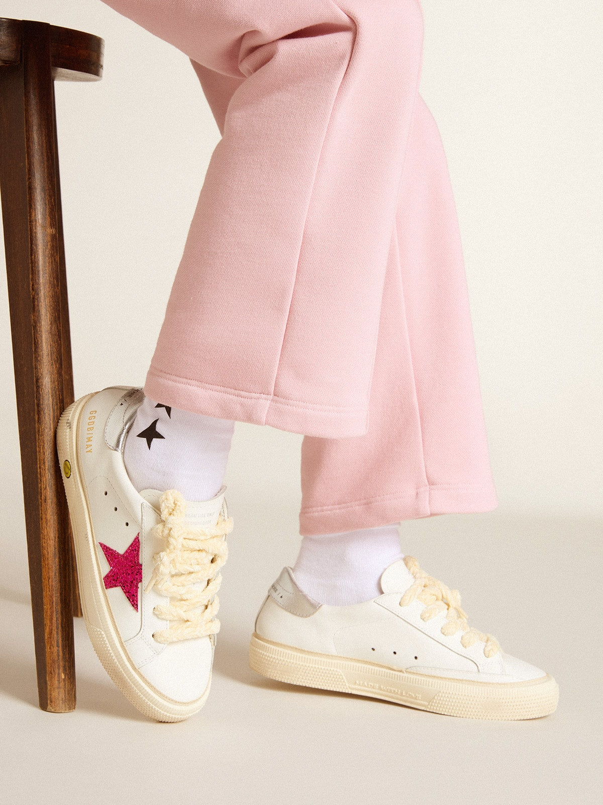 Young May with fuchsia glitter star and metallic leather heel tab