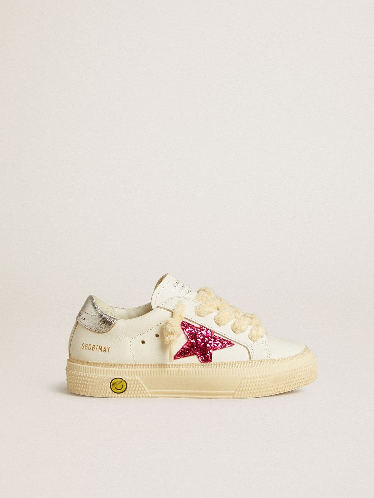 Young May with fuchsia glitter star and metallic leather heel tab