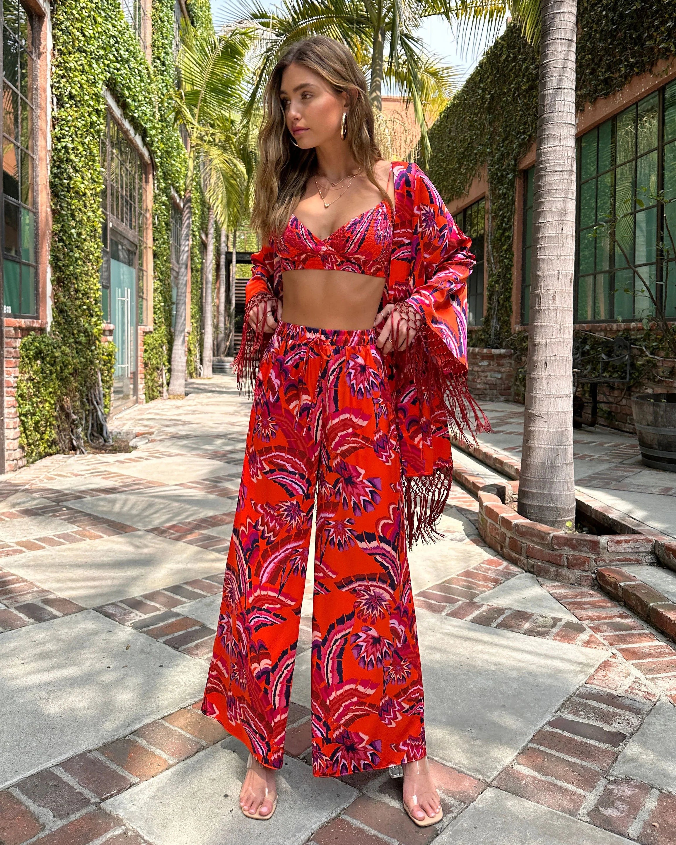 Azra Tropical Pocketed Wide Leg Drawstring Pant