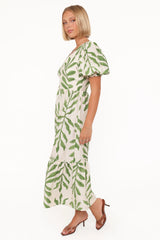 Steele Puff Sleeve Midi Dress Green Palm