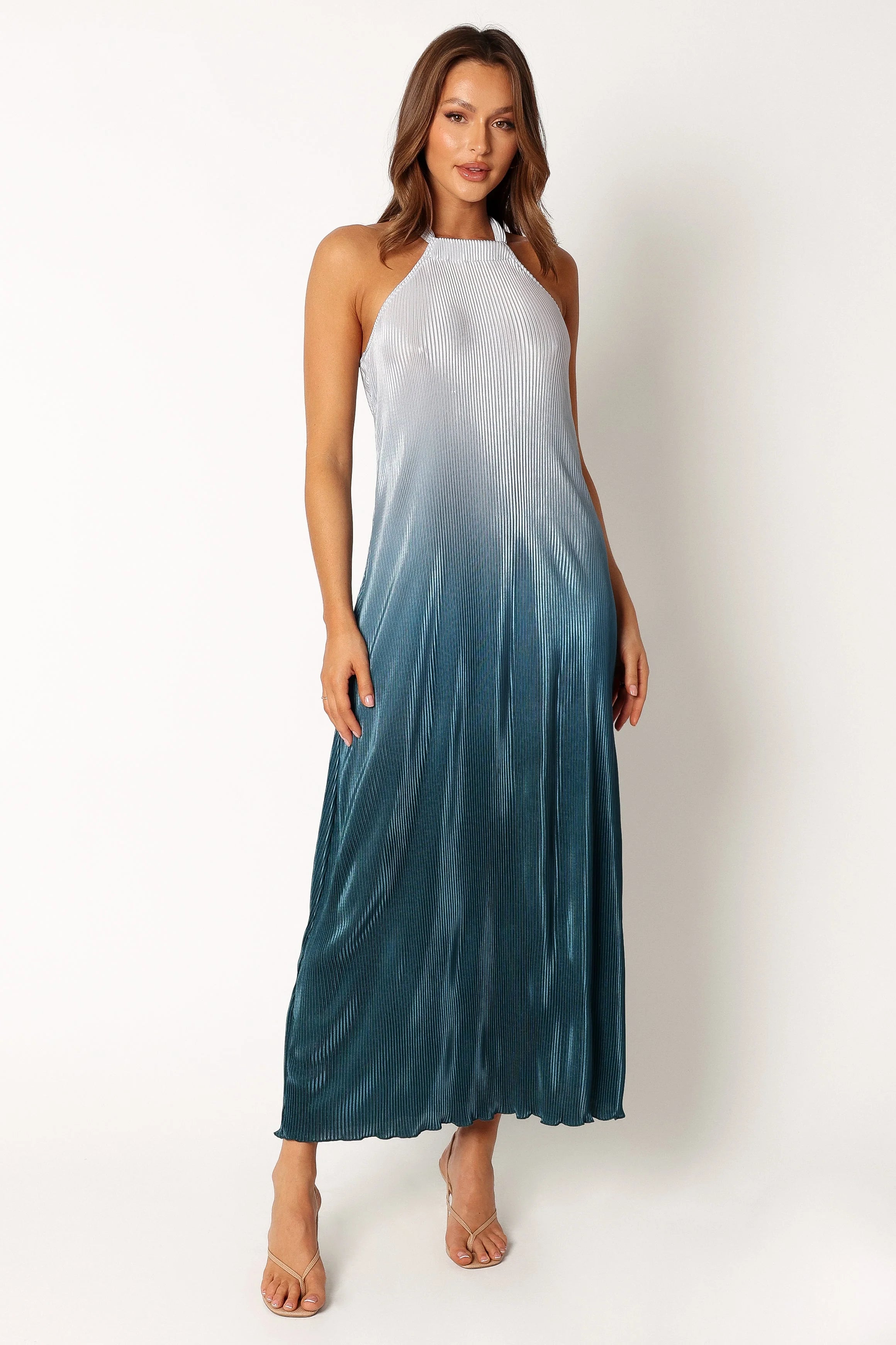 Melody Plisse Halter Maxi Dress Navy Gradient