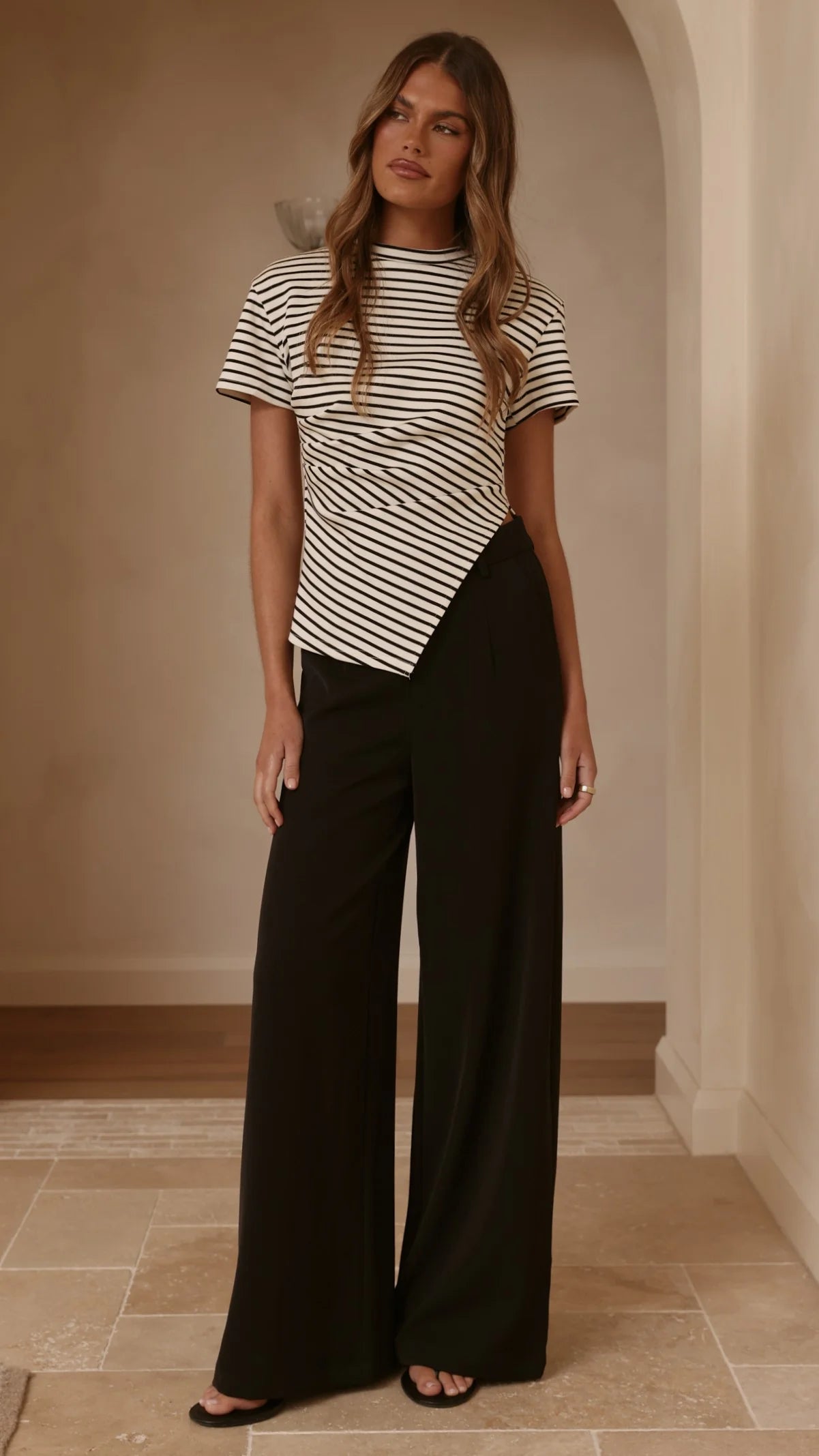Tiarna Side Ruched Tee Black White Stripe