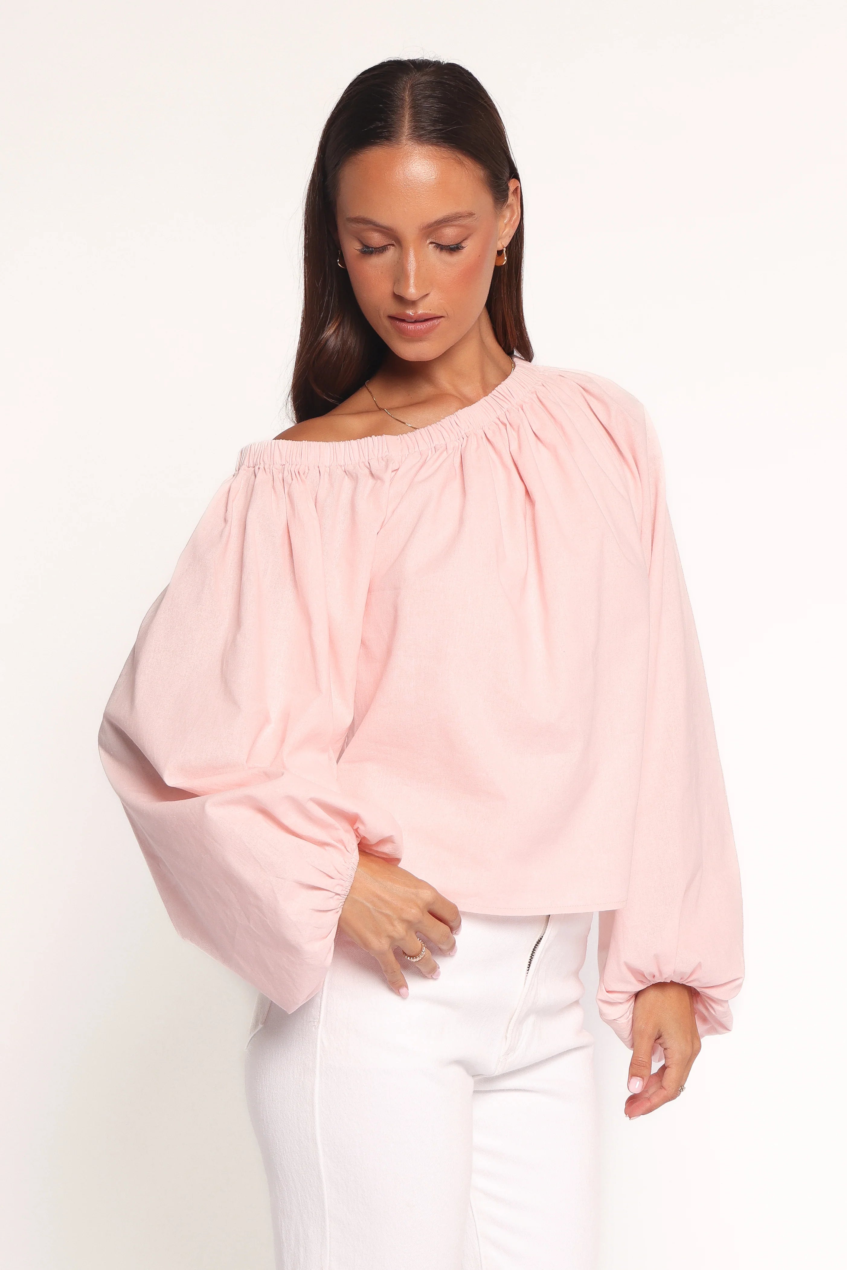 Zion Off Shoulder Long Sleeve Top Pale Pink