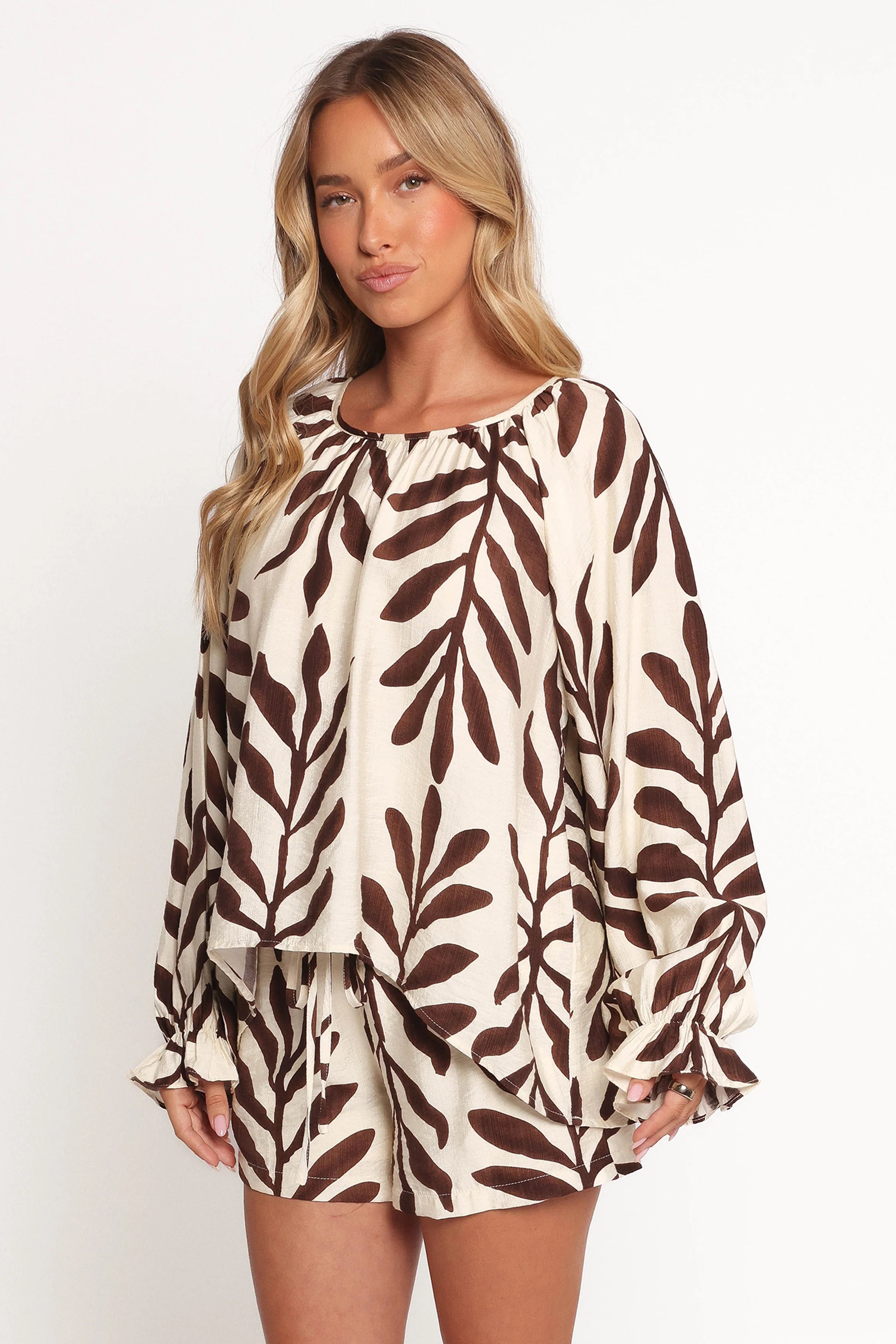 July Long Sleeve Smock Top Brown Palm