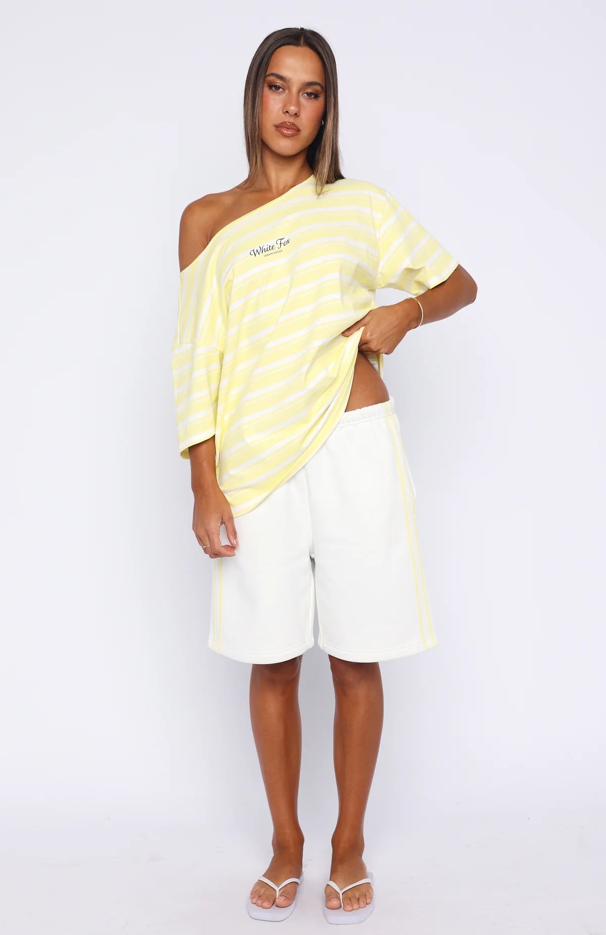 Verano Sixteen Magnolia Off Shoulder Oversized Tee Lemon White Stripe