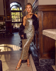 Gilded Hour Paisley Print Sequin Midi Dress