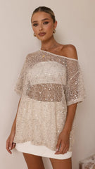 Zinnie Sequins Off Shoulder Top Beige