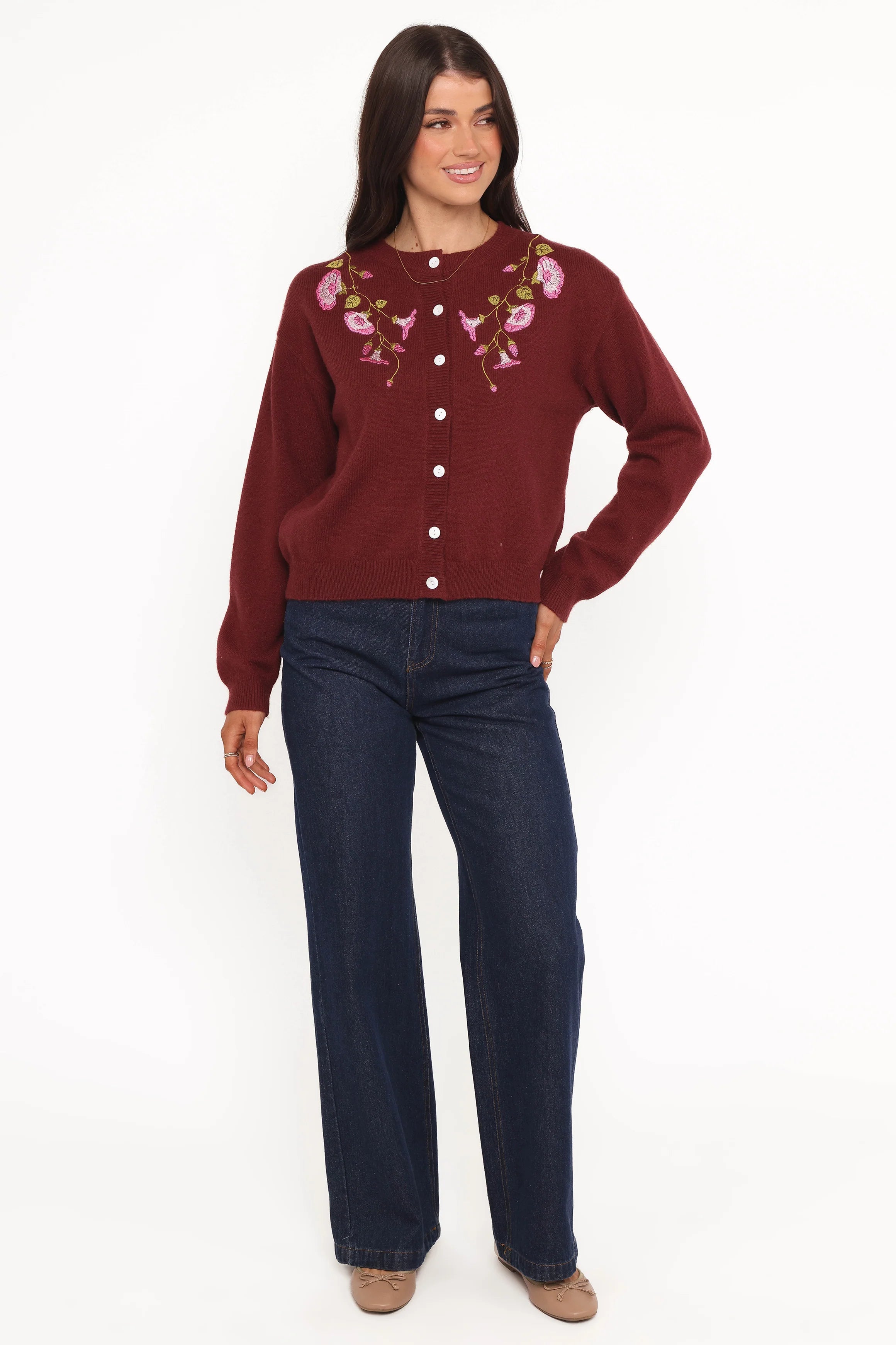 Brittany Placed Embroidery Flower Cardigan Burgundy