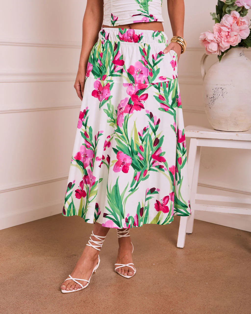 Fresh Gardenia Floral Midi Skirt