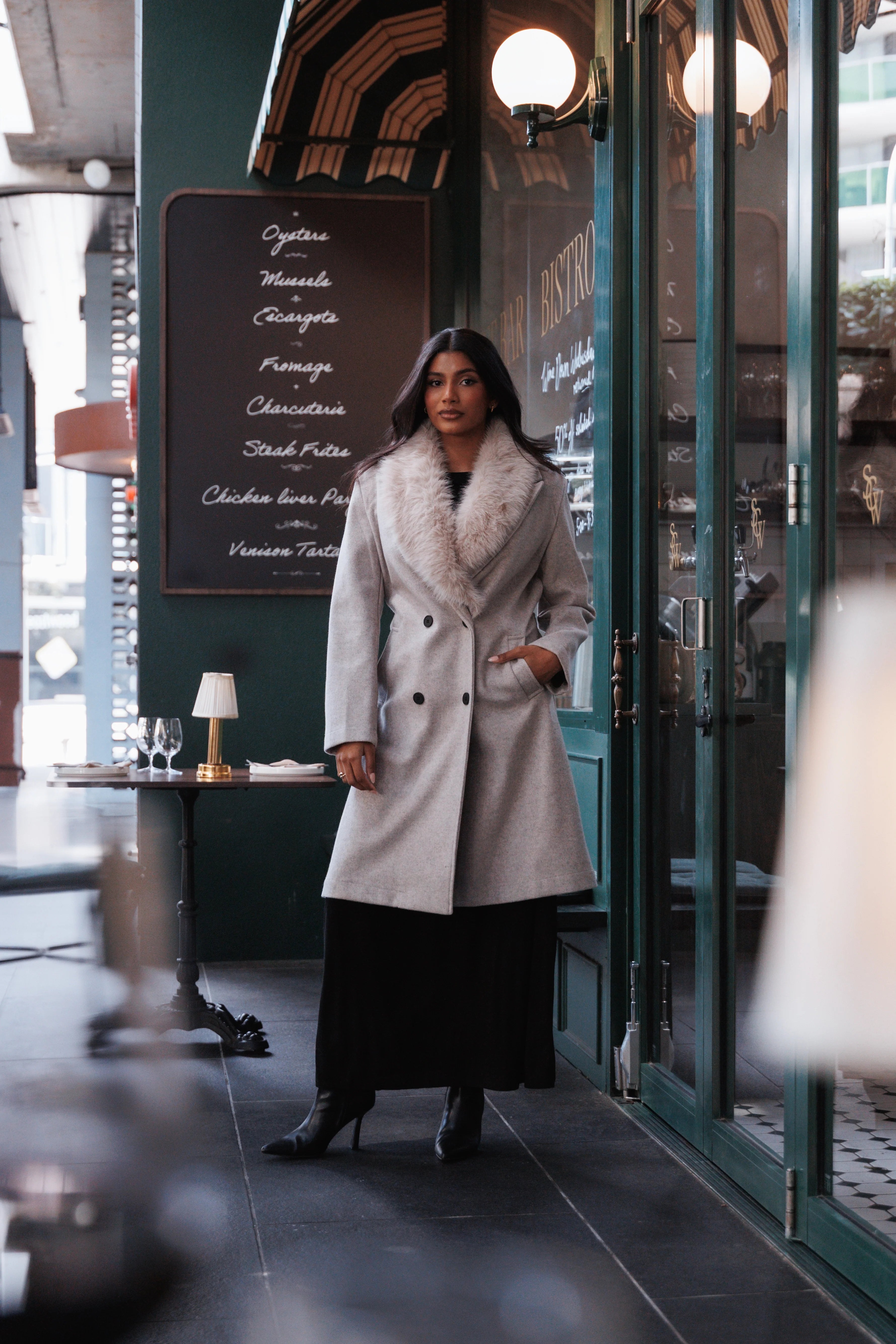Nina Fur Collar Tie Waist Coat Cream