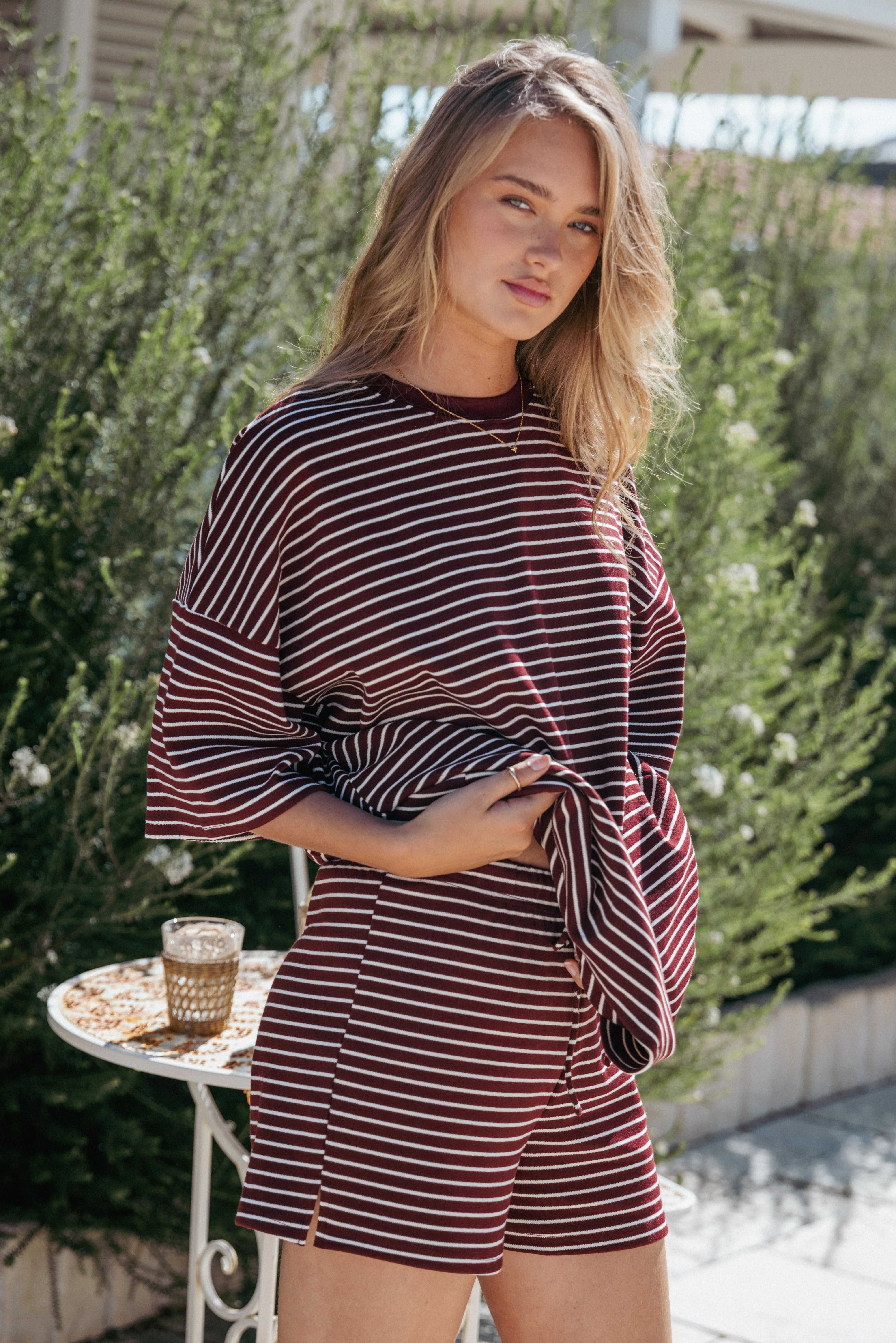 Hellen Stripe Short Set Burgundy Cream Stripe