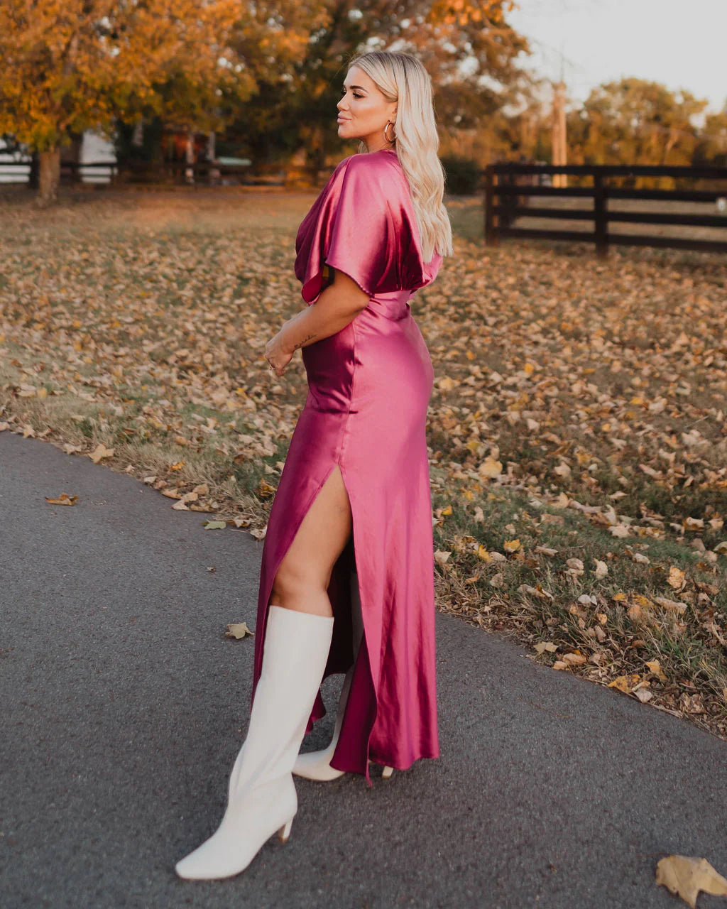 Theia Satin V Neck Maxi Dress