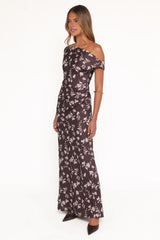 Zafira Midi Dress Brown Cream Floral