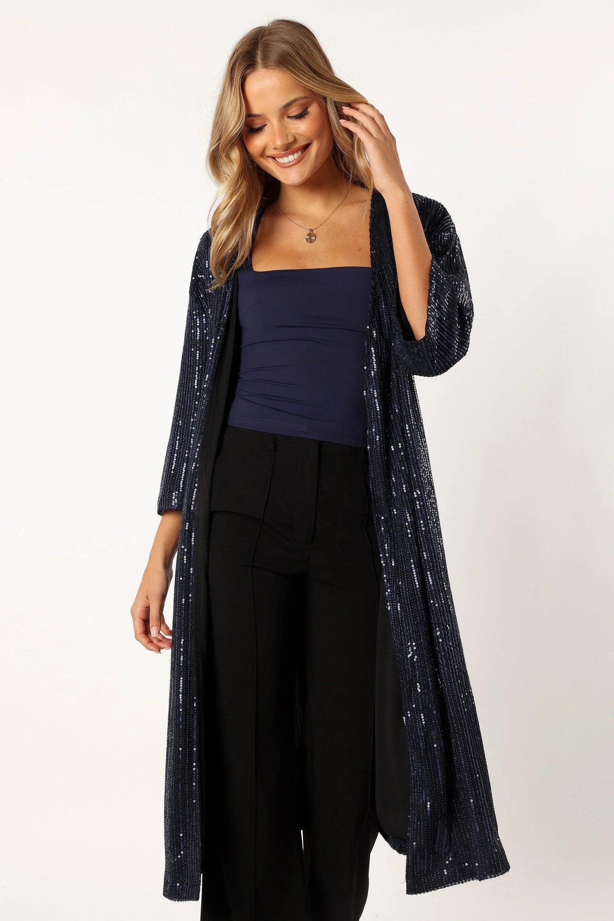 Karsyn Open Front Sequin Duster Navy
