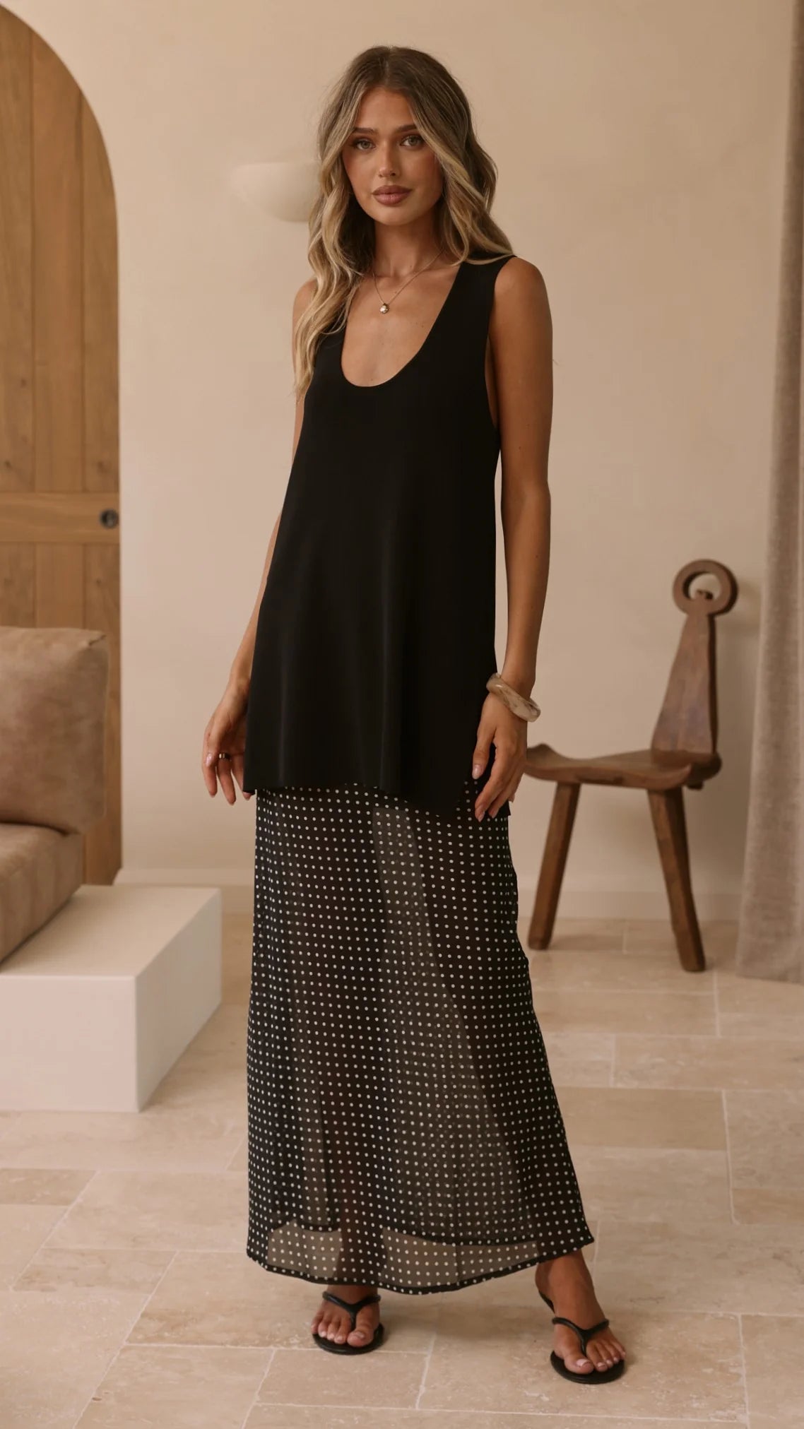 Onella Sheer Maxi Skirt Black White Spot