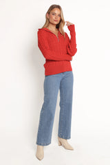 Frida Quarter Zip Knit Sweater Red