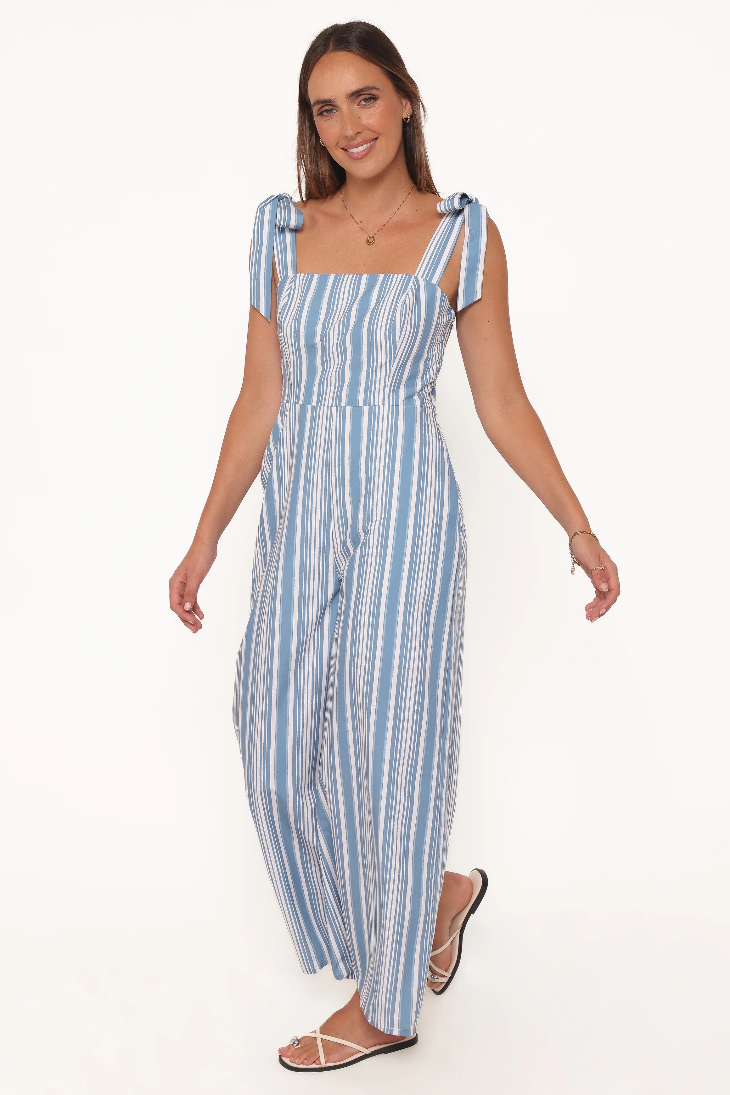 Ella Tie Shoulder Jumpsuit Blue White Stripe