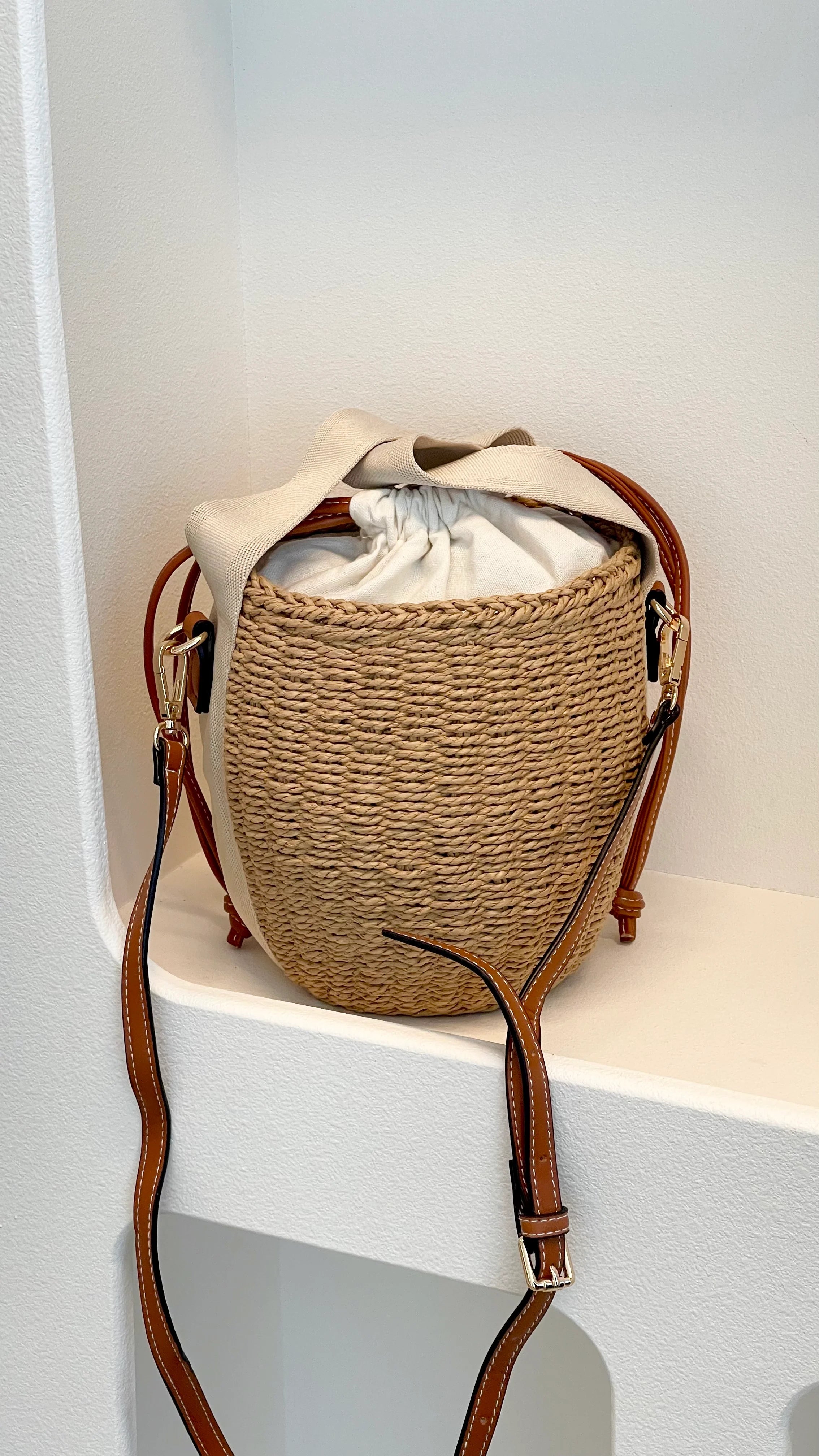 Cleo Woven Bucket Handbag Natural Tan
