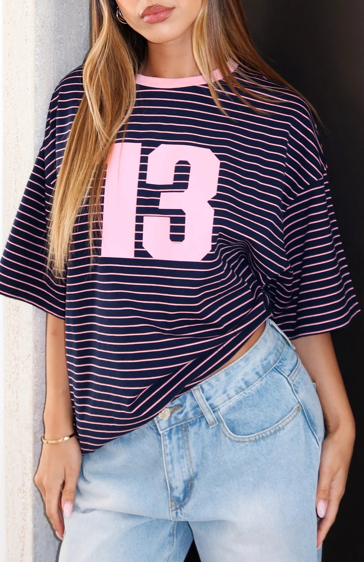 Good Old Days Oversized Tee Pink Navy Stripe