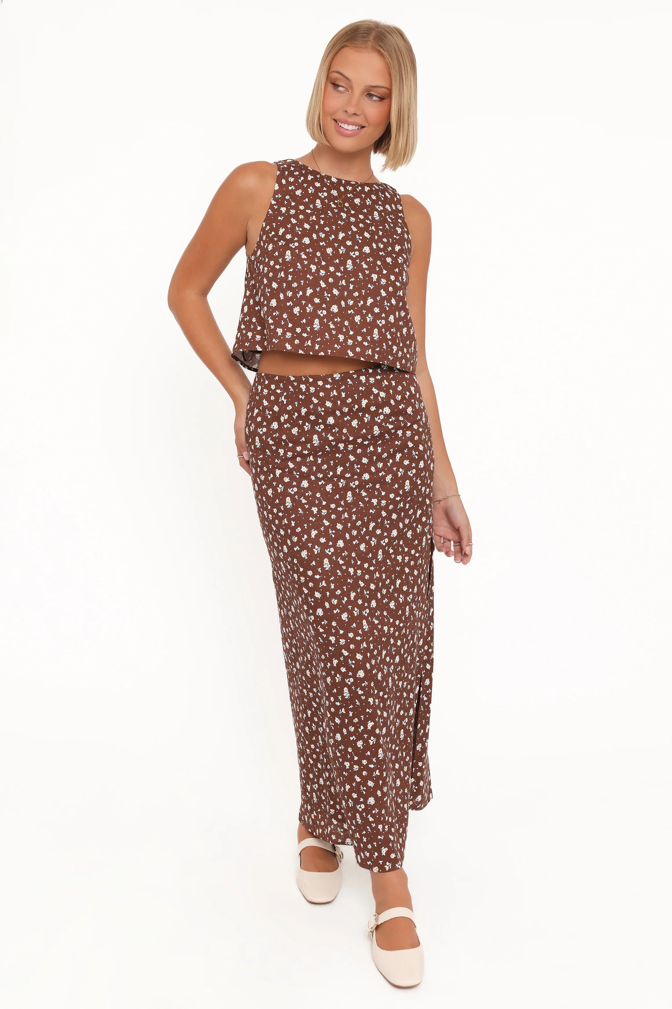 Madison Linen Cropped Tank Brown Floral