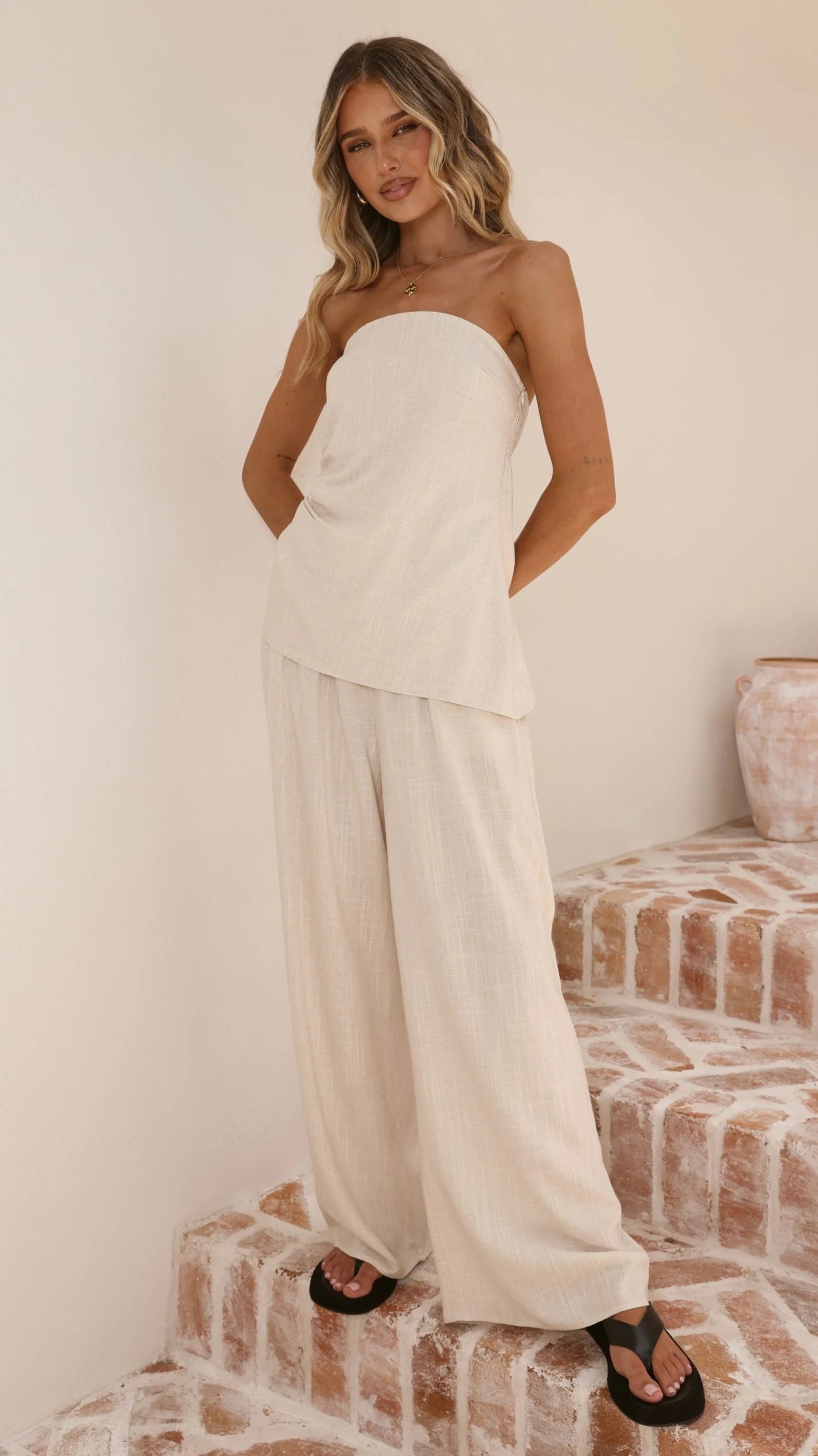 Yuki Strapless Top and Pants Set Oatmeal