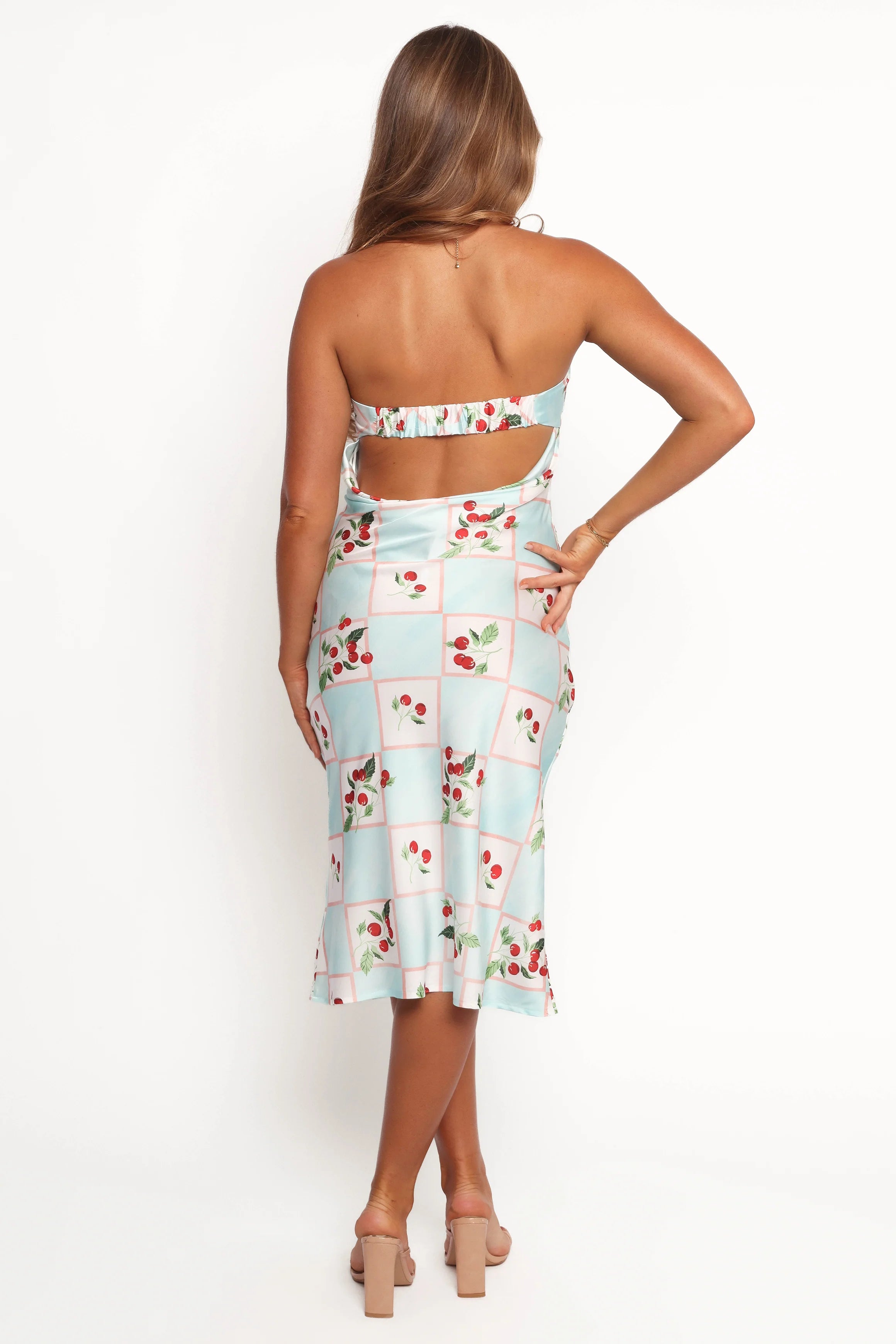 Benton Strapless Midi Dress Cherry Print