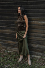 Nellie Satin Midi Skirt Olive